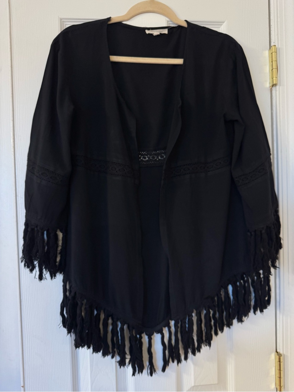 Haute Society Black Boho Kimono Jacket Open Front Lace Tassel Fringe Sz M